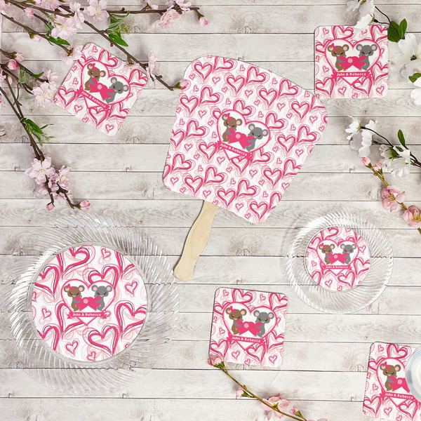 Valentine's Day Party Supplies Combination Image - All items - Plates, Coasters, Fans