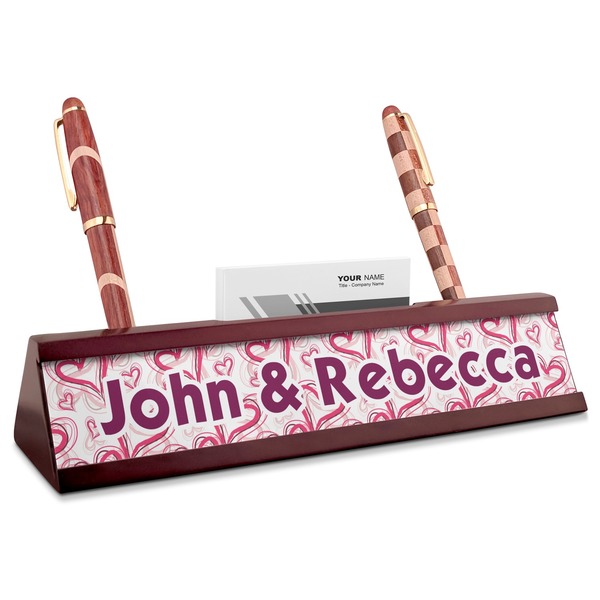 Custom Valentine's Day Red Mahogany Nameplate with Business Card Holder (Personalized)