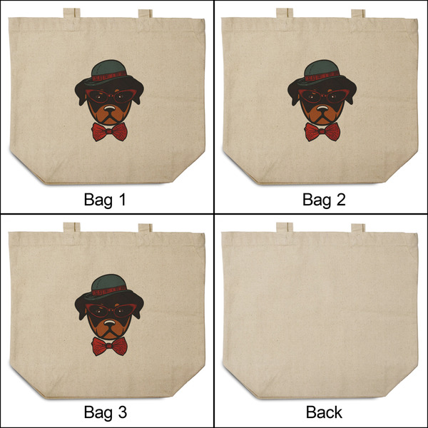 Hipster Dogs 3 Reusable Cotton Grocery Bags - Front & Back View