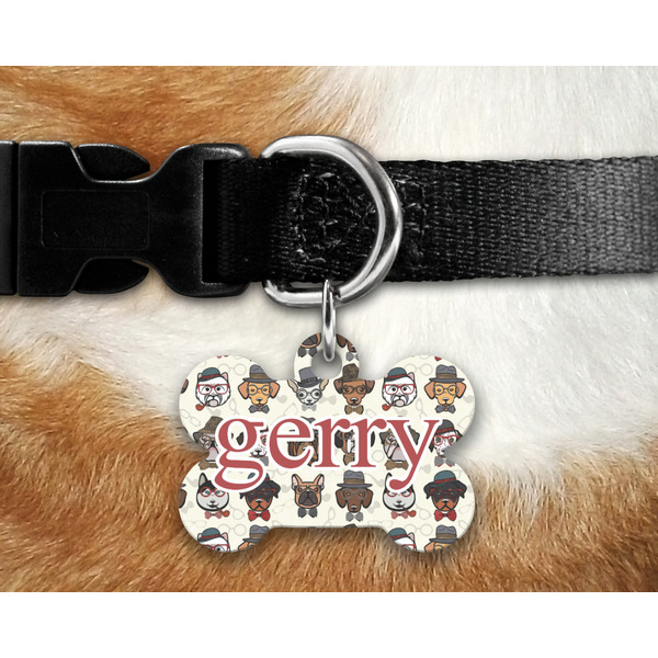 Hipster Dogs Bone Shaped Dog Tag on Collar & Dog