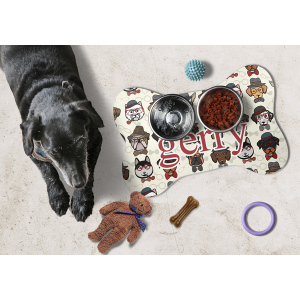 Hipster Dogs Bone Shaped Mat w/ Food & Water