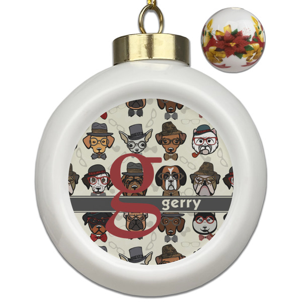 Custom Hipster Dogs Ceramic Ball Ornaments - Poinsettia Garland (Personalized)