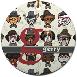 Hipster Dogs Round Ceramic Ornament w/ Name and Initial