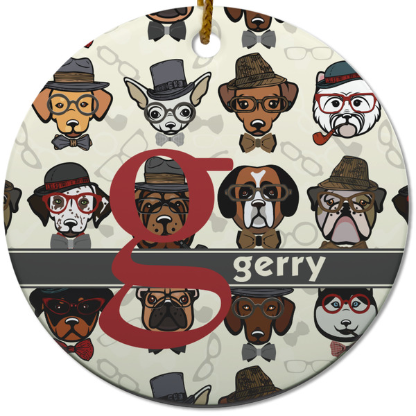 Custom Hipster Dogs Round Ceramic Ornament w/ Name and Initial