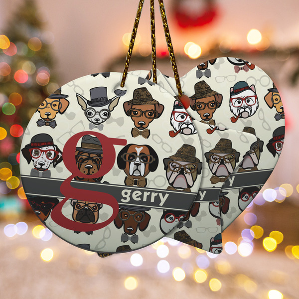 Custom Hipster Dogs Ceramic Ornament w/ Name and Initial
