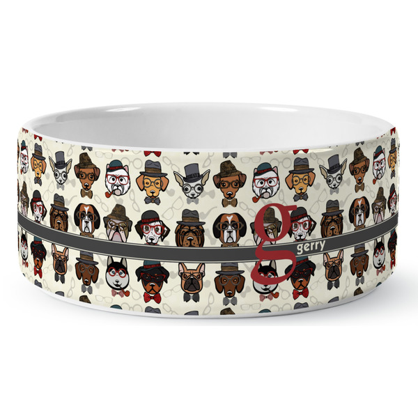 Custom Hipster Dogs Ceramic Dog Bowl - Large (Personalized)
