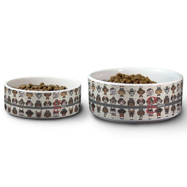 Hipster Dogs Ceramic Dog Bowls - Size Comparison