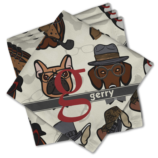 Custom Hipster Dogs Cloth Cocktail Napkins - Set of 4 w/ Name and Initial