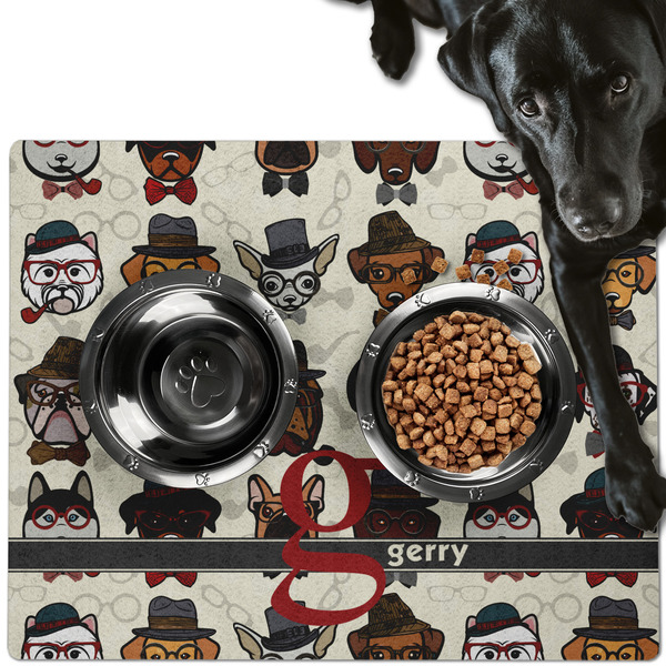 Custom Hipster Dogs Dog Food Mat - Large w/ Name and Initial
