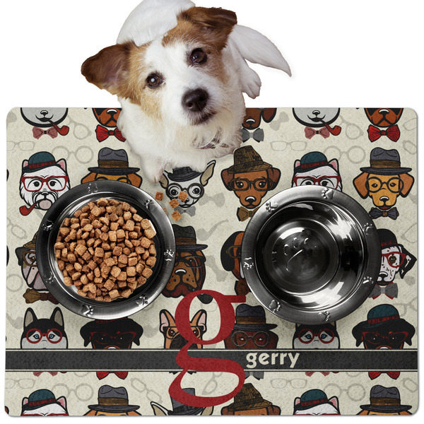 Custom Hipster Dogs Dog Food Mat - Medium w/ Name and Initial