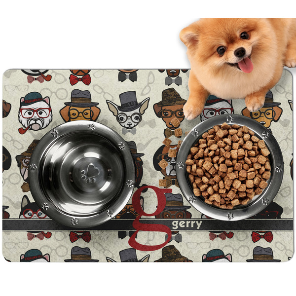 Custom Hipster Dogs Dog Food Mat - Small w/ Name and Initial