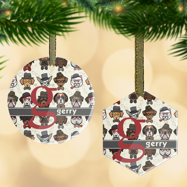 Custom Hipster Dogs Flat Glass Ornament w/ Name and Initial