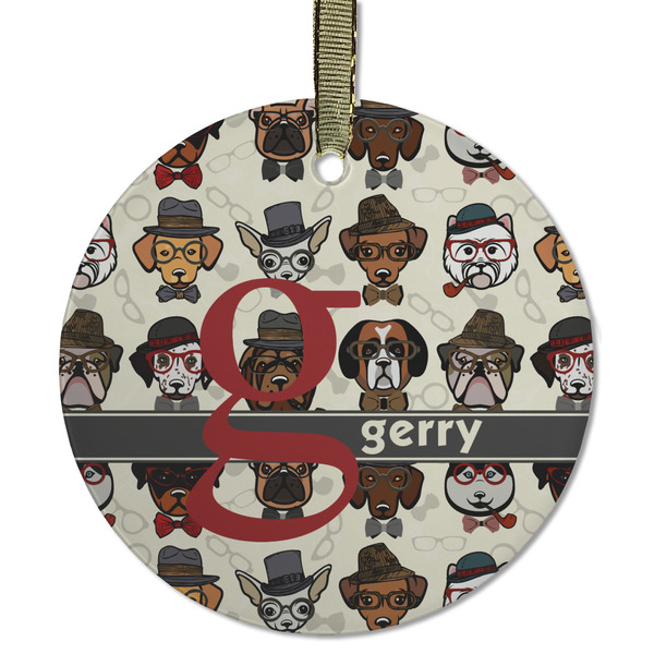 Custom Hipster Dogs Flat Glass Ornament - Round w/ Name and Initial