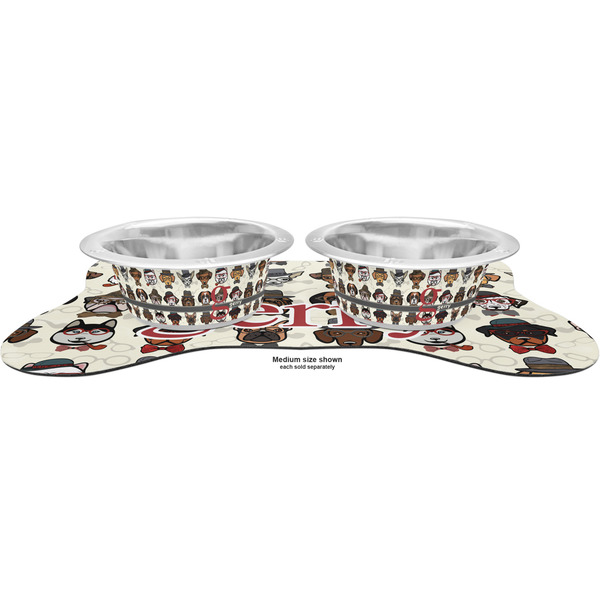 Hipster Dogs Metal Pet Bowls - On Dog Bone Shaped Mat