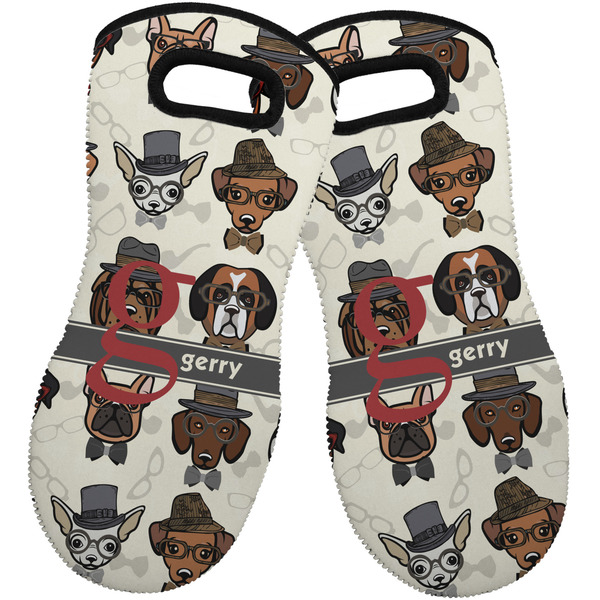 Custom Hipster Dogs Neoprene Oven Mitts - Set of 2 w/ Name and Initial