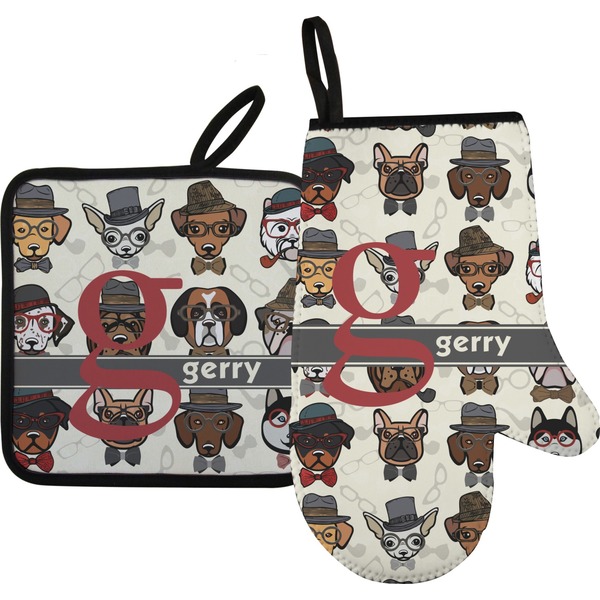 Custom Hipster Dogs Oven Mitt & Pot Holder Set w/ Name and Initial