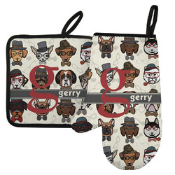 Hipster Dogs Left Oven Mitt & Pot Holder Set w/ Name and Initial