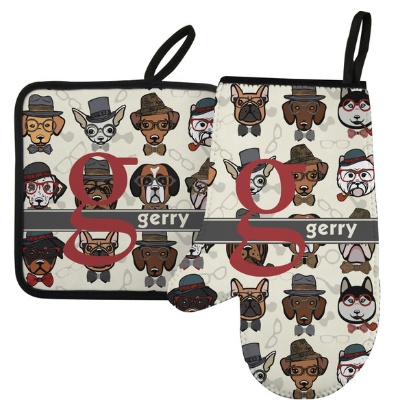 Custom Hipster Dogs Left Oven Mitt & Pot Holder Set w/ Name and Initial