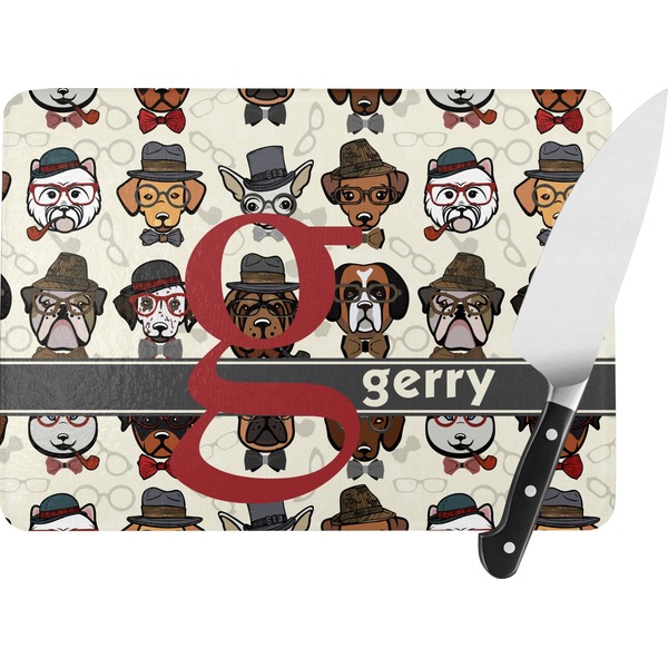 Custom Hipster Dogs Rectangular Glass Cutting Board - Large - 15.25"x11.25" w/ Name and Initial