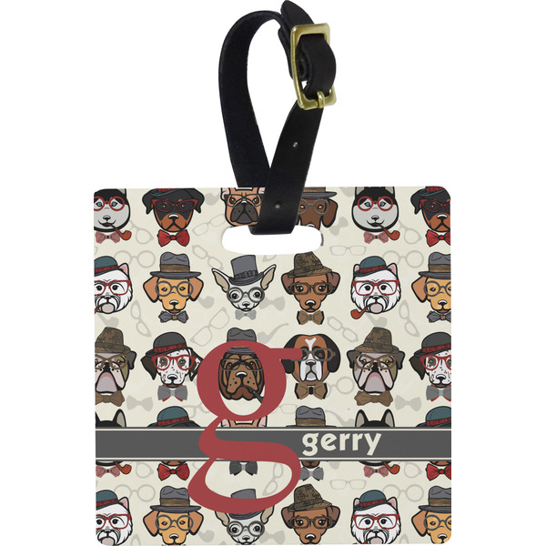 Custom Hipster Dogs Plastic Luggage Tag - Square w/ Name and Initial