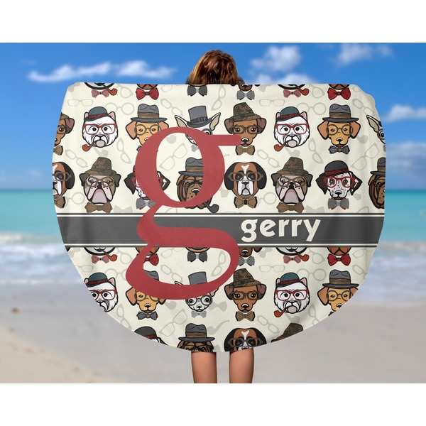 Hipster Dogs Round Beach Towel - In Use