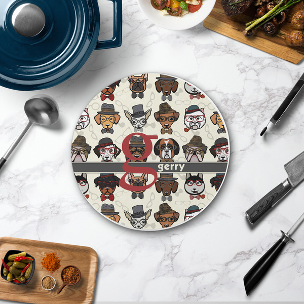 Hipster Dogs Round Stone Trivet - In Context View