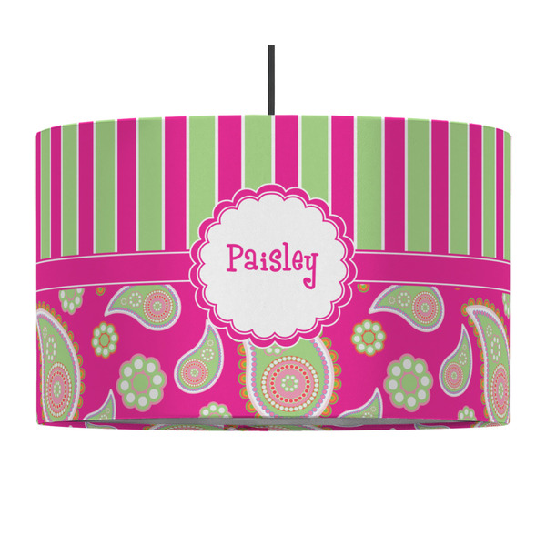 Custom Pink & Green Paisley and Stripes 12" Drum Pendant Lamp - Fabric (Personalized)