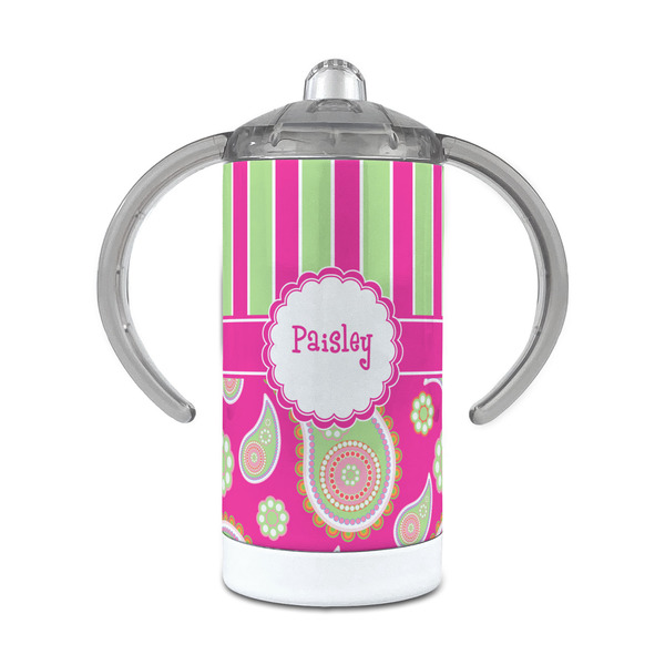 Custom Pink & Green Paisley and Stripes 12 oz Stainless Steel Sippy Cup (Personalized)