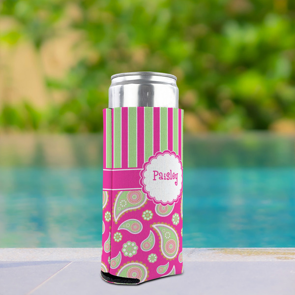 Pink & Green Paisley and Stripes Can Cooler - Tall 12oz - In Context