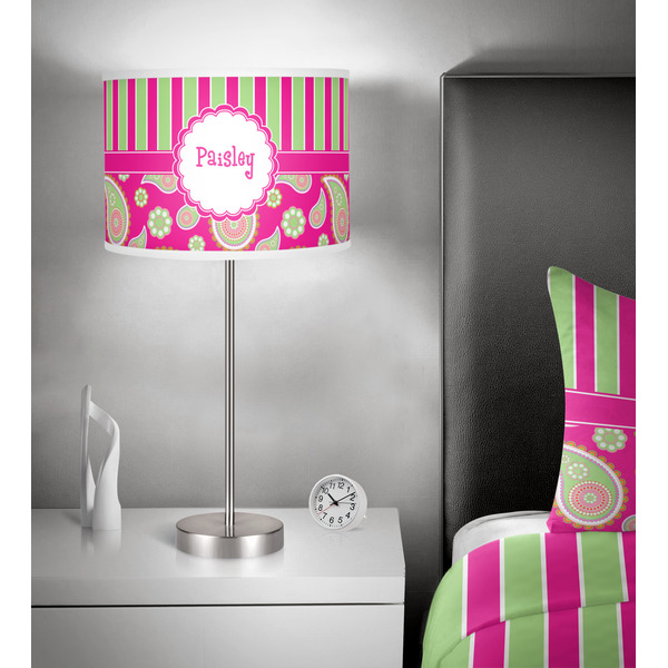 Pink & Green Paisley and Stripes 13 inch drum lamp shade - in room