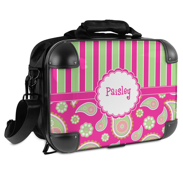 Custom Pink & Green Paisley and Stripes Hard Shell Briefcase (Personalized)
