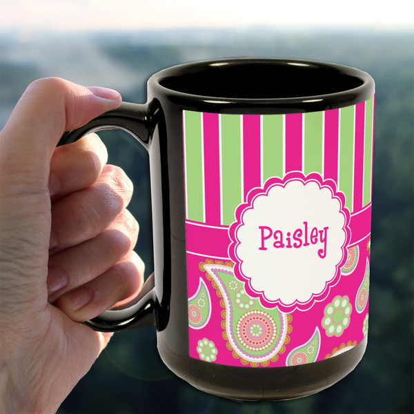 Pink & Green Paisley and Stripes 15oz. Black Mug - LIFESTYLE