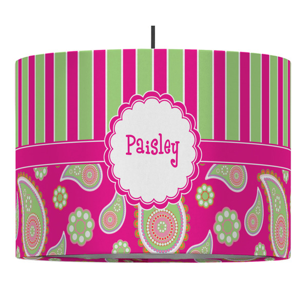 Custom Pink & Green Paisley and Stripes Drum Pendant Lamp (Personalized)