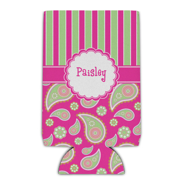 Custom Pink & Green Paisley and Stripes Can Cooler (Personalized)