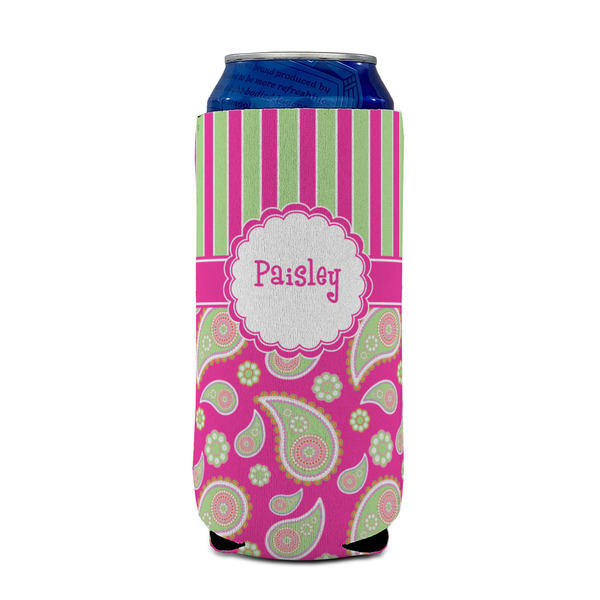 Pink & Green Paisley and Stripes 16oz Can Sleeve - FRONT (on can)