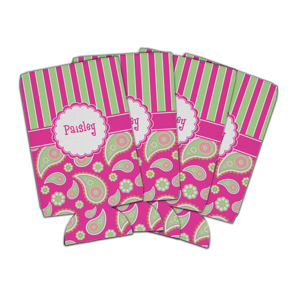Custom Pink & Green Paisley and Stripes Can Cooler (16 oz) - Set of 4 (Personalized)