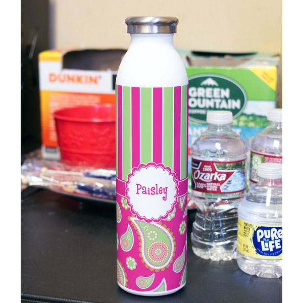 Pink & Green Paisley and Stripes 20oz Water Bottles - Full Print - In Context