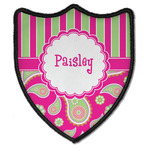 Pink & Green Paisley and Stripes Iron On Shield Patch B w/ Name or Text