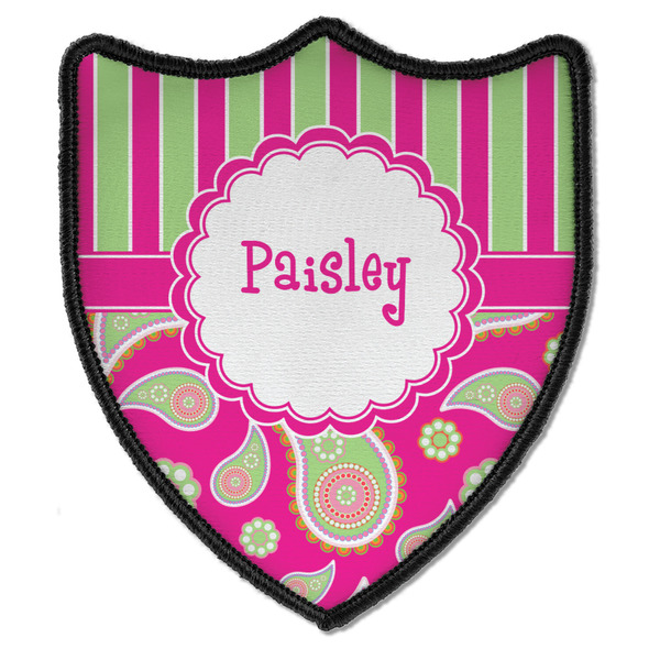 Custom Pink & Green Paisley and Stripes Iron On Shield Patch B w/ Name or Text