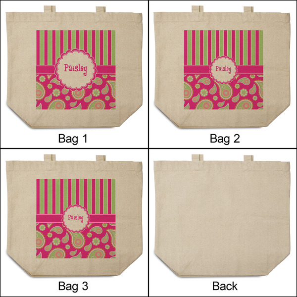 Pink & Green Paisley and Stripes 3 Reusable Cotton Grocery Bags - Front & Back View