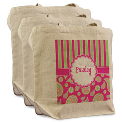 Pink & Green Paisley and Stripes Reusable Cotton Grocery Bags - Set of 3 (Personalized)