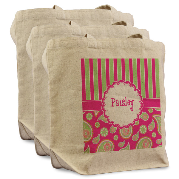 Custom Pink & Green Paisley and Stripes Reusable Cotton Grocery Bags - Set of 3 (Personalized)