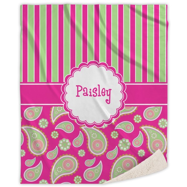 Custom Pink & Green Paisley and Stripes Sherpa Throw Blanket (Personalized)