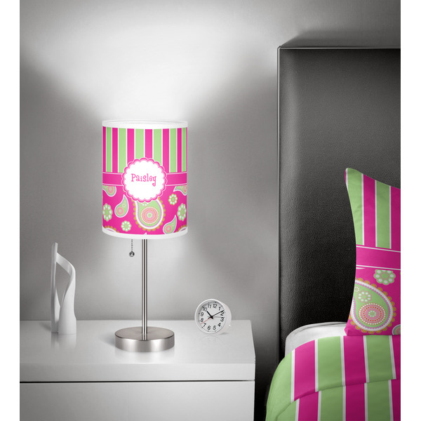 Pink & Green Paisley and Stripes 7 inch drum lamp shade - in room