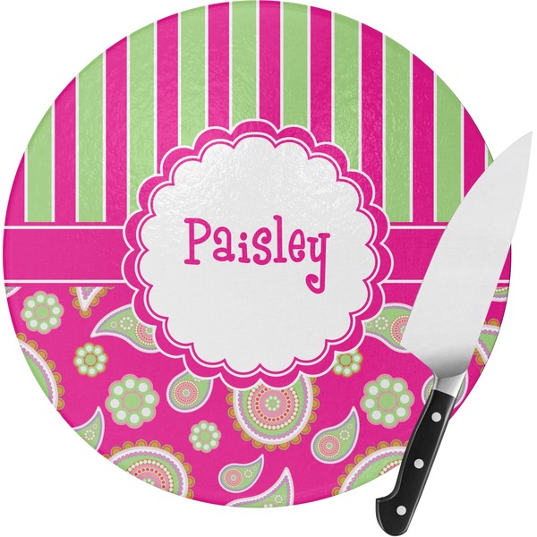 Custom Pink & Green Paisley and Stripes Round Glass Cutting Board - Small (Personalized)