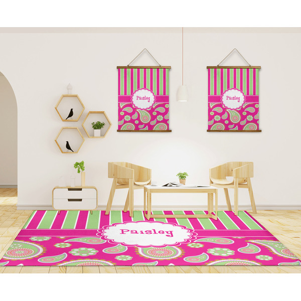 Pink & Green Paisley and Stripes 8'x10' Indoor Area Rugs - IN CONTEXT