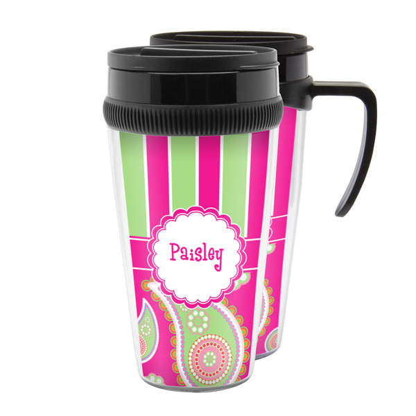 Custom Pink & Green Paisley and Stripes Acrylic Travel Mug (Personalized)