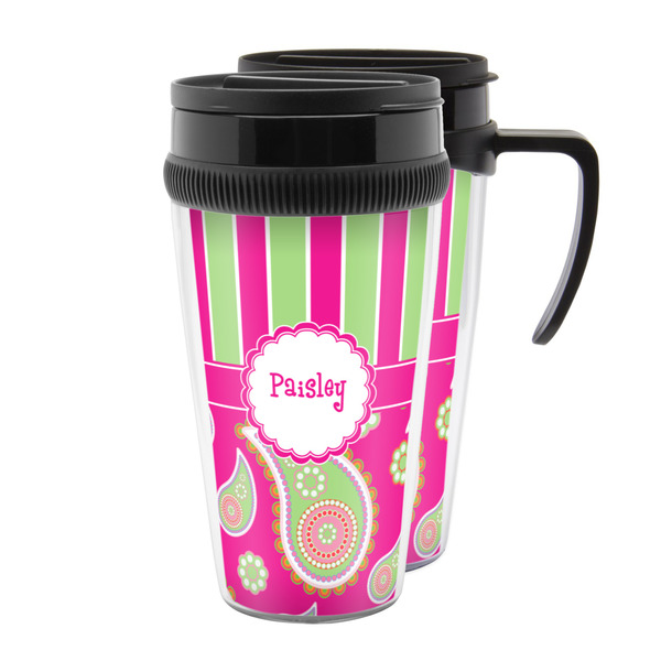 Custom Pink & Green Paisley and Stripes Acrylic Travel Mug (Personalized)