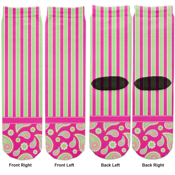 Pink & Green Paisley and Stripes Adult Crew Socks - Double Pair - Front and Back - Apvl