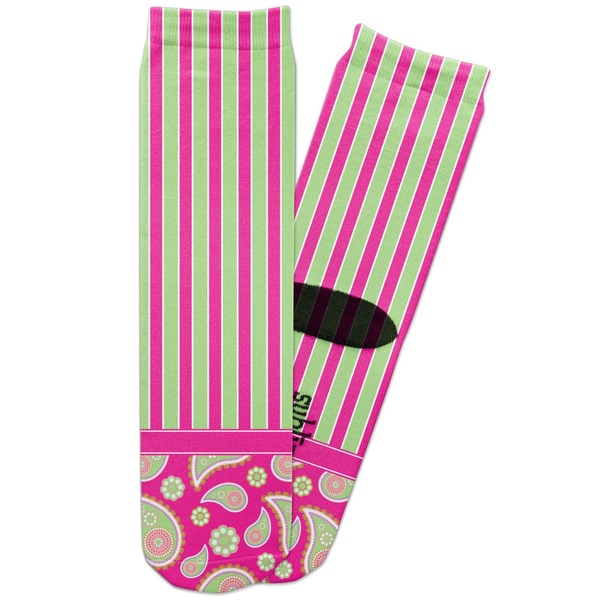 Custom Pink & Green Paisley and Stripes Adult Crew Socks